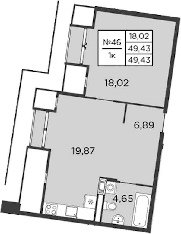 1-комнатная квартира 49.43 м², 9/9 эт., ЖК «Бакунина 33»